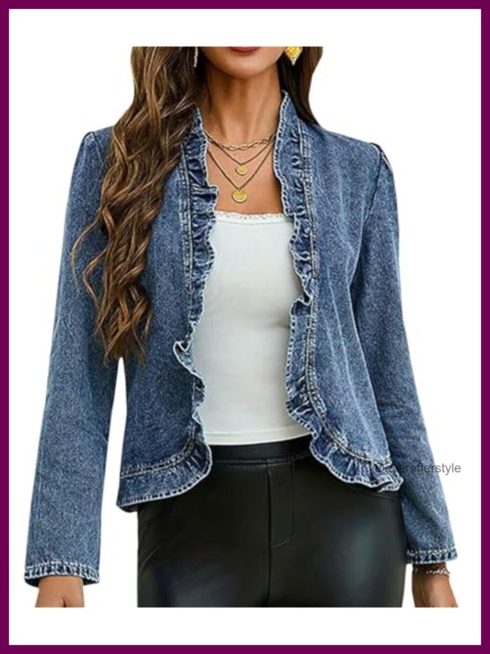 Cropped Denim Jacket Ruffle Trim Long Sleeve Open Front Slim Fit Casual